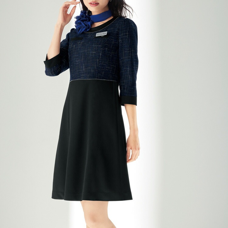 レディース ワンピース 長袖 切替 かわいい 上品 デート ママ服 ブルー