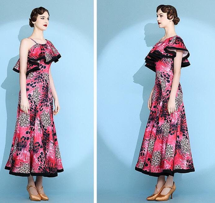 ヒョウ柄 ワルツ スタンダードドレス ゴージャス モダン衣装 大きい裾 レディース 社交ダンス フラメンコ 社交ダンス レッスン着 社交ダンス衣装 スレンダー 練習着 競技用 ステージ モダンドレス