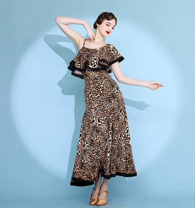 ヒョウ柄 ワルツ スタンダードドレス ゴージャス モダン衣装 大きい裾 レディース 社交ダンス フラメンコ 社交ダンス レッスン着 社交ダンス衣装 スレンダー 練習着 競技用 ステージ モダンドレス