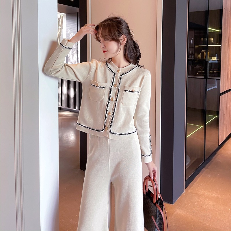 パンツ ボトムス ニット カーディガン セットアップ レディース ロングパンツ ワイドパンツ ロング フルレングス 長袖 ラウンドネック ノーカラー ワイド フレア ポケット 前開き 大人可愛い