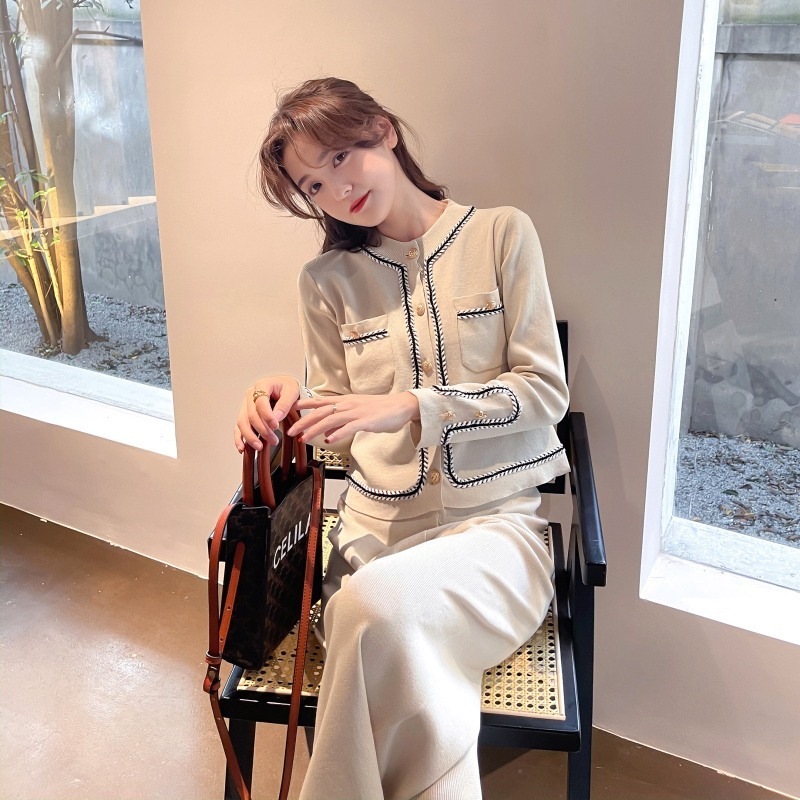 パンツ ボトムス ニット カーディガン セットアップ レディース ロングパンツ ワイドパンツ ロング フルレングス 長袖 ラウンドネック ノーカラー ワイド フレア ポケット 前開き 大人可愛い