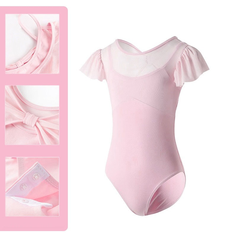 バレエレオタード 2点セット バレエ 子供用 半袖 スカート付き バレエ衣装 子供用 女の子 スナップボタン キッズウェア 体操 ダンス 練習服 ステージ衣装 シンプル レッスン着 ピンク パープル