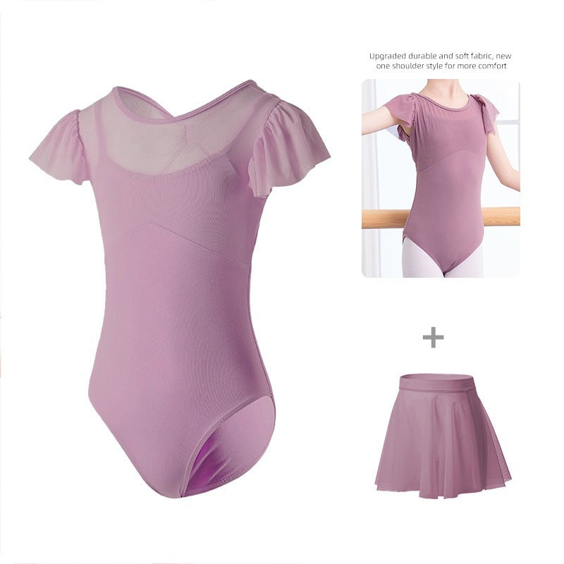 バレエレオタード 2点セット バレエ 子供用 半袖 スカート付き バレエ衣装 子供用 女の子 スナップボタン キッズウェア 体操 ダンス 練習服 ステージ衣装 シンプル レッスン着 ピンク パープル