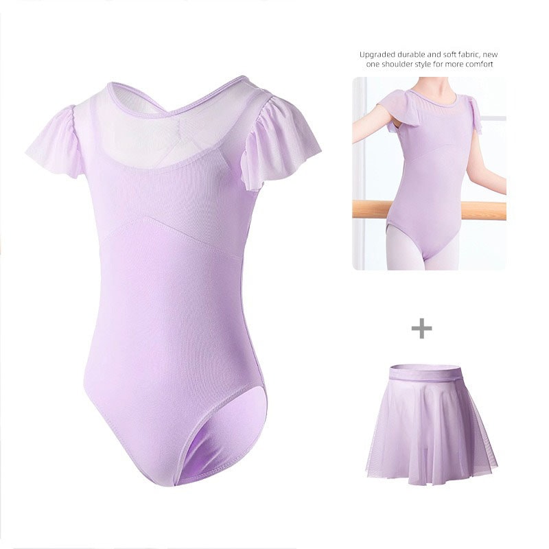 バレエレオタード 2点セット バレエ 子供用 半袖 スカート付き バレエ衣装 子供用 女の子 スナップボタン キッズウェア 体操 ダンス 練習服 ステージ衣装 シンプル レッスン着 ピンク パープル