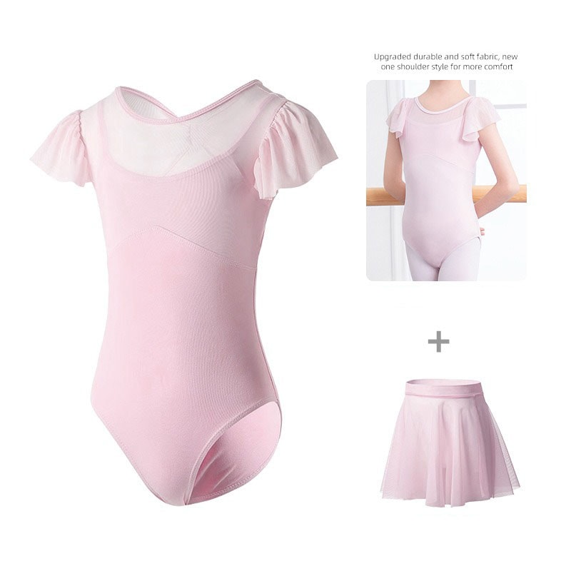 バレエレオタード 2点セット バレエ 子供用 半袖 スカート付き バレエ衣装 子供用 女の子 スナップボタン キッズウェア 体操 ダンス 練習服 ステージ衣装 シンプル レッスン着 ピンク パープル