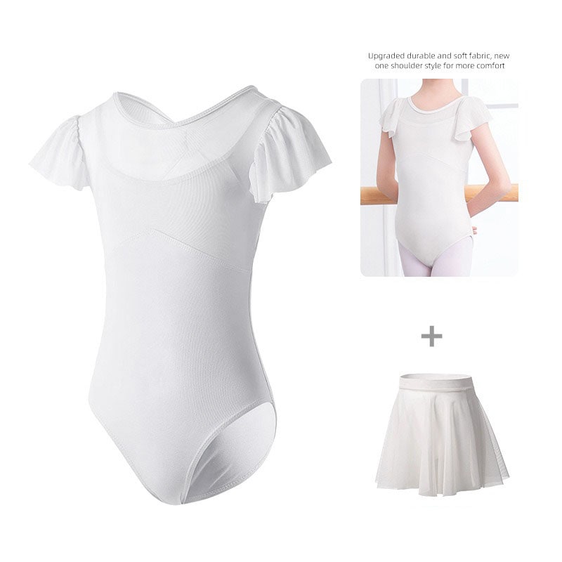バレエレオタード 2点セット バレエ 子供用 半袖 スカート付き バレエ衣装 子供用 女の子 スナップボタン キッズウェア 体操 ダンス 練習服 ステージ衣装 シンプル レッスン着 ピンク パープル