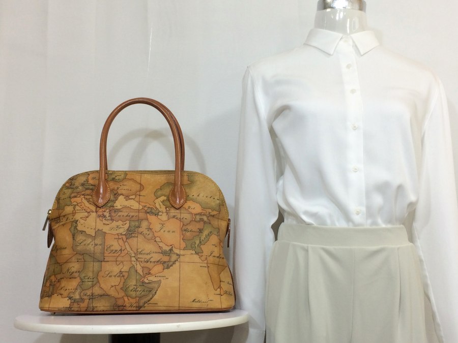 ハンドバッグ レザー ブラウン 地図柄 【中古品】