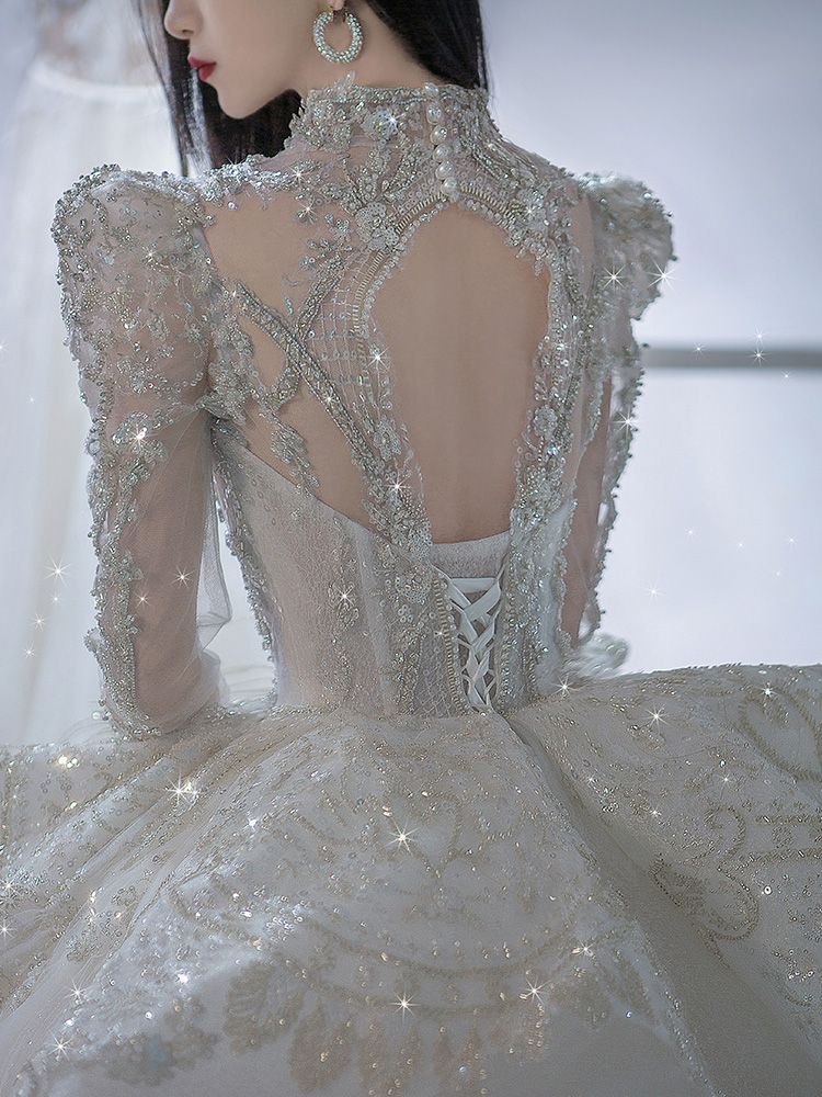 長袖メインウェディングドレス2025花嫁大テールハイエンド重工業小星空宮殿風冬