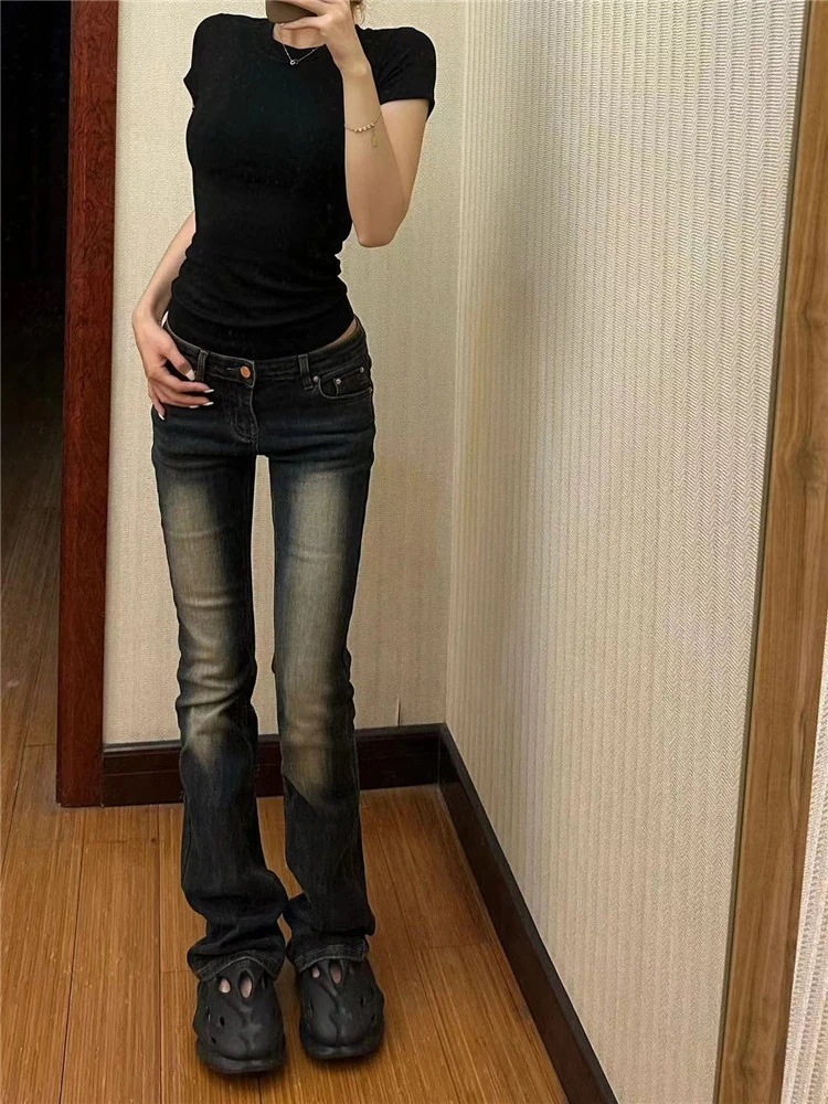 春春冬春向けのアメリカンレトロなスモールストレートローウエストジーンズ女性用長身向けスリムスリムロングパイプパンツ