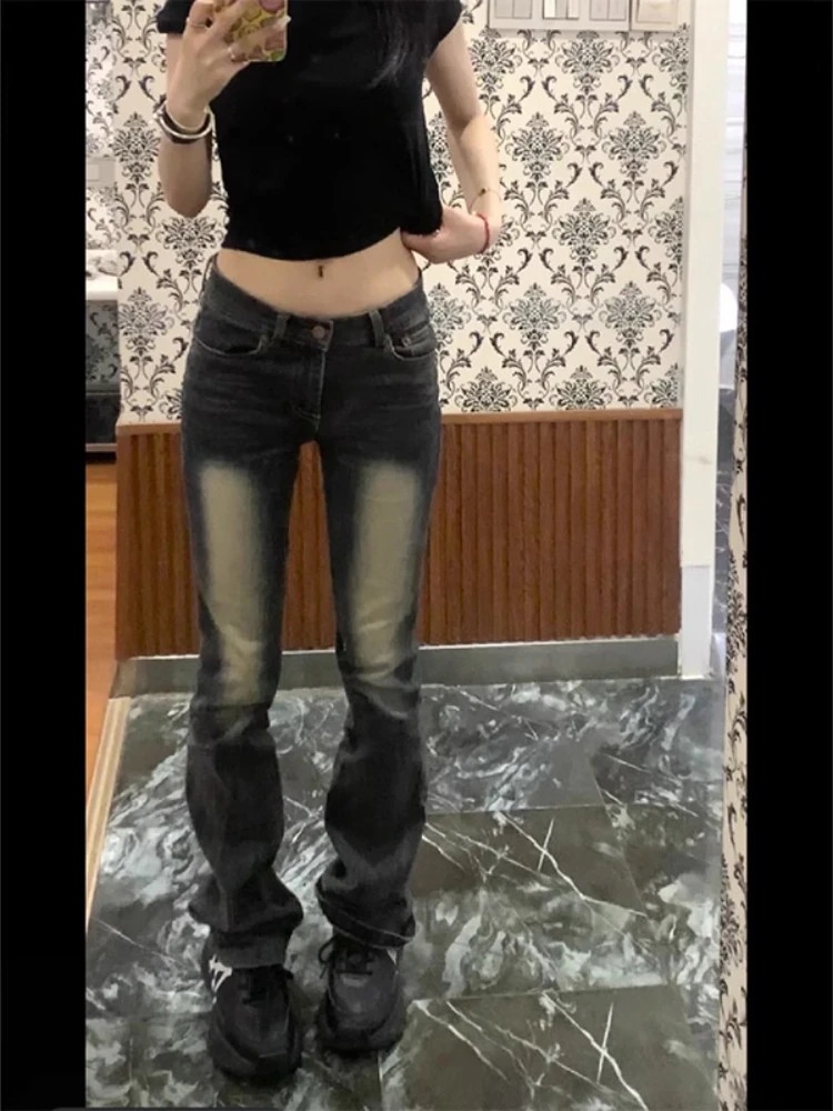 春春冬春向けのアメリカンレトロなスモールストレートローウエストジーンズ女性用長身向けスリムスリムロングパイプパンツ