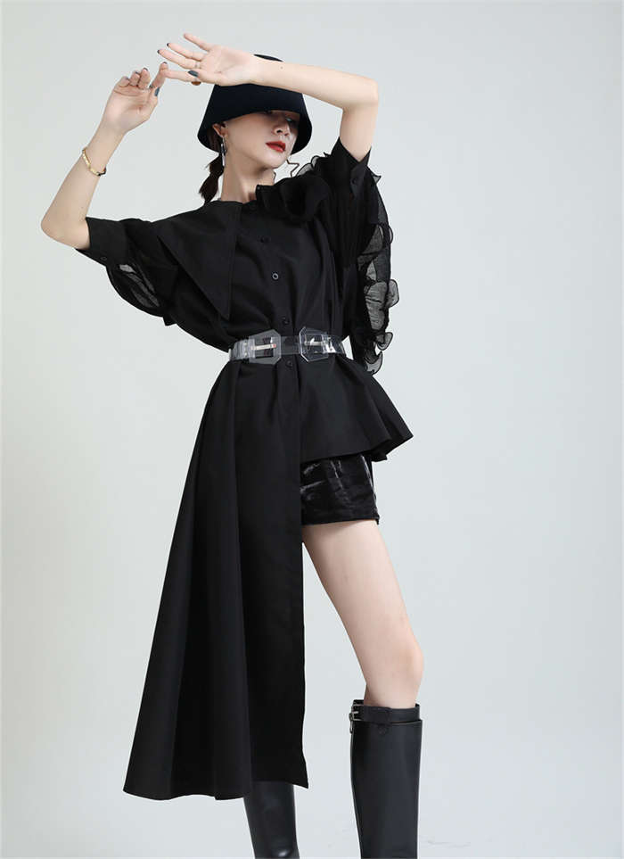 レディースアシンメトリーブラウス 春夏用 五分袖 ケープ風 ビッグサイズ 変形デザイン モード系 個性的 きれいめ 無地 体型カバー レディースアシンメトリーブラウス 春夏用 五分袖 ケープ風 ビッグサイズ 変形デザイン モード系 個性的 きれいめ 無地 体型カバー