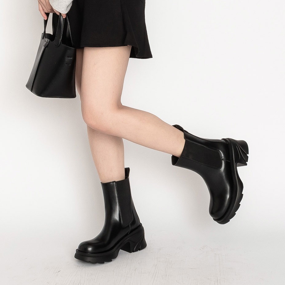 サイドゴアブーツ レディース 厚底 ミドルブーツ カジュアルブーツ シンプル 美脚 7.5cm ブーツ スタイルアップ 歩きやすい アンクルブーツ 黒 ブラック