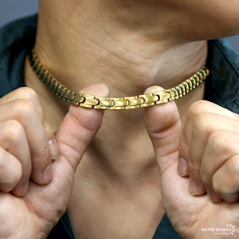 ステンレス ゴールド磁気ネックレス [n601]