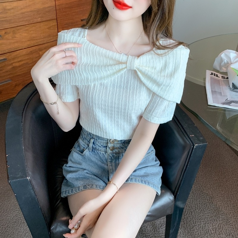 トップス シャツ ニットソー ラウンドネック プルオーバー ニット ちょう結び 薄手 シンプル おしゃれ 大人可愛い 存在感 春 夏 レディース お出かけ 休日 普段使い 送料無料 S M L XL