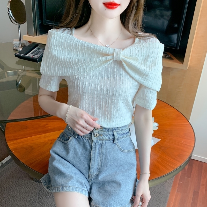 トップス シャツ ニットソー ラウンドネック プルオーバー ニット ちょう結び 薄手 シンプル おしゃれ 大人可愛い 存在感 春 夏 レディース お出かけ 休日 普段使い 送料無料 S M L XL