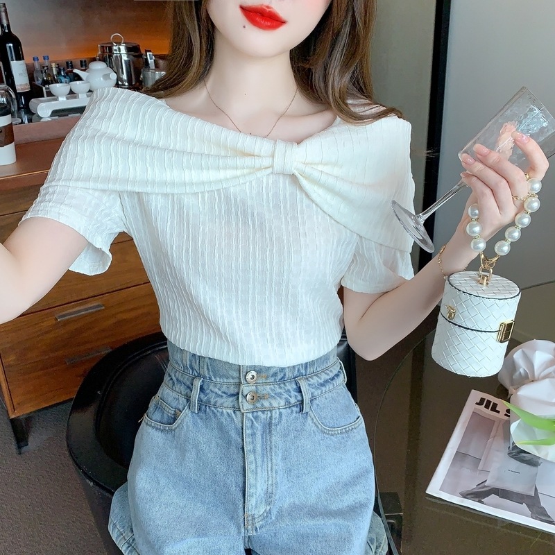 トップス シャツ ニットソー ラウンドネック プルオーバー ニット ちょう結び 薄手 シンプル おしゃれ 大人可愛い 存在感 春 夏 レディース お出かけ 休日 普段使い 送料無料 S M L XL
