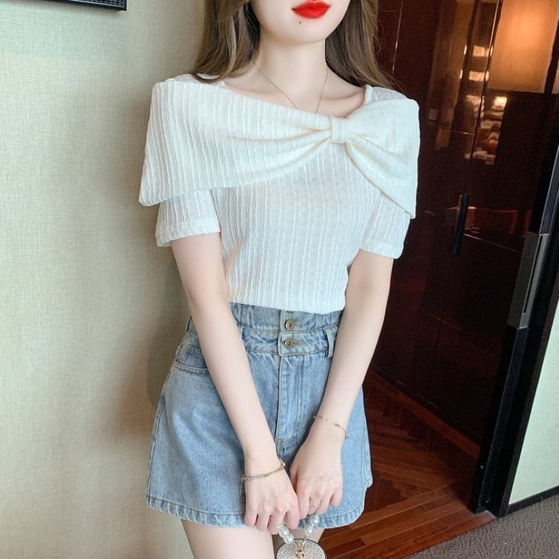 トップス シャツ ニットソー ラウンドネック プルオーバー ニット ちょう結び 薄手 シンプル おしゃれ 大人可愛い 存在感 春 夏 レディース お出かけ 休日 普段使い 送料無料 S M L XL
