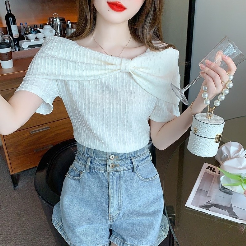 トップス シャツ ニットソー ラウンドネック プルオーバー ニット ちょう結び 薄手 シンプル おしゃれ 大人可愛い 存在感 春 夏 レディース お出かけ 休日 普段使い 送料無料 S M L XL