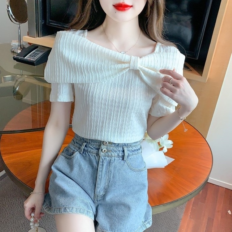 トップス シャツ ニットソー ラウンドネック プルオーバー ニット ちょう結び 薄手 シンプル おしゃれ 大人可愛い 存在感 春 夏 レディース お出かけ 休日 普段使い 送料無料 S M L XL