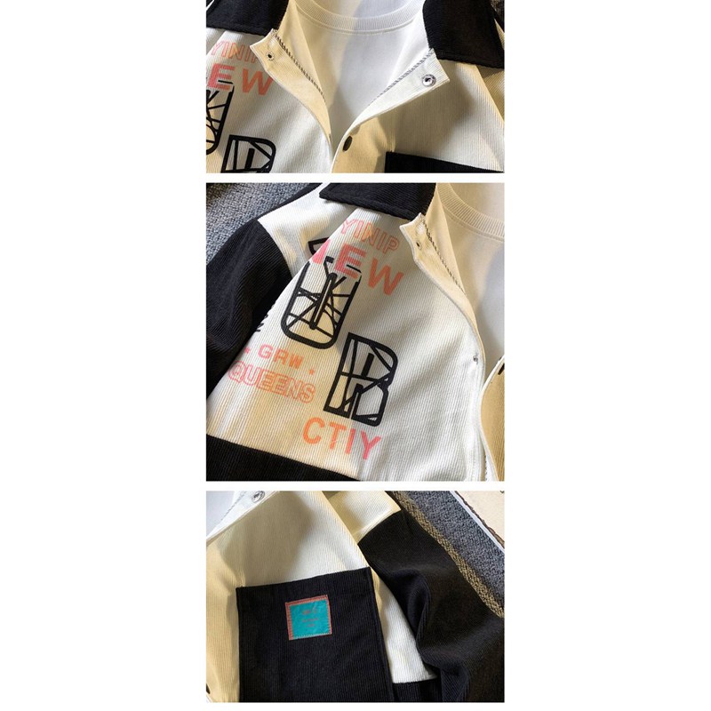 コーデュロイシャツ 長袖 開襟ジャケット メンズ 韓国風 おしゃれ パッチワーク 英字柄 ストリート 春秋 カジュアル シャツジャケット 開襟 スポーツ アウトドア