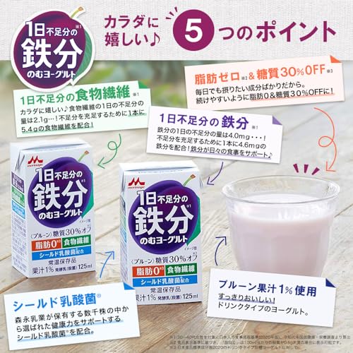 森永 1日不足分の鉄分 のむヨーグルト プルーン 125ml 【常温保存品 鉄分 食物繊維 乳酸菌配合】×24本