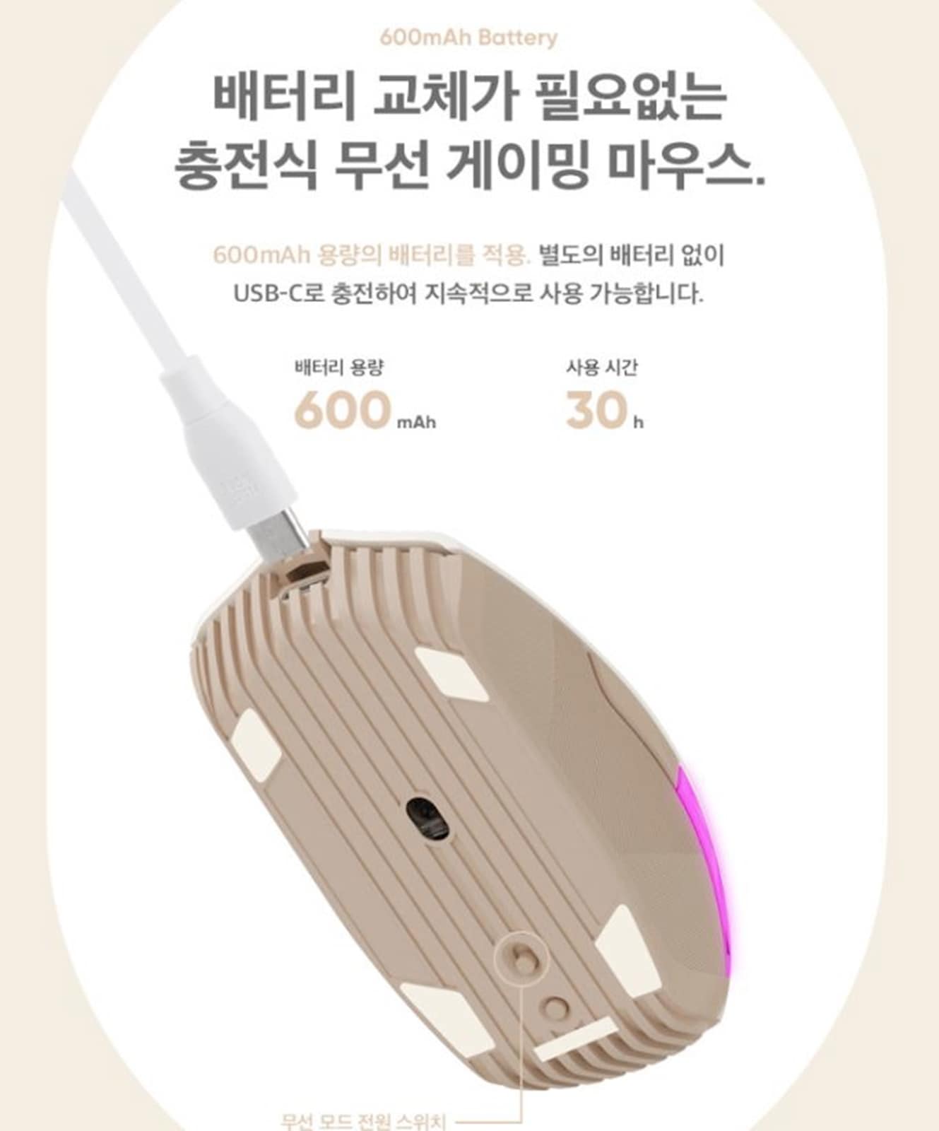 COX CM91W RGB/ワイヤレス/ゲーミング マウス/専門家向け/10000DPI PMW3325-クリーム ベージュ