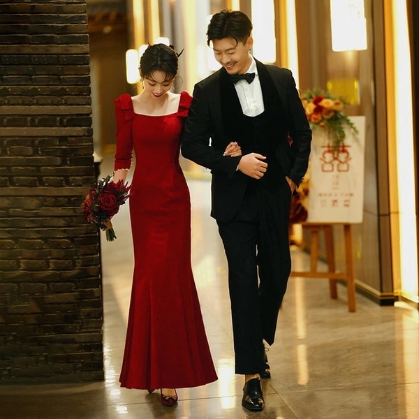 結婚式タイトドレス マーメイドドレス 同窓会ドレス 成人式ドレス お呼ばれドレス 赤ドレス 赤ワンピース 韓国 パーティードレス 冬 ロングドレス スクエアネック 春 夏 秋  可愛い お袖付きドレス  二次会 披露宴 リボン レッド 再入荷商品結婚式タイトドレス マーメイドドレス 同窓会ドレス 成人式