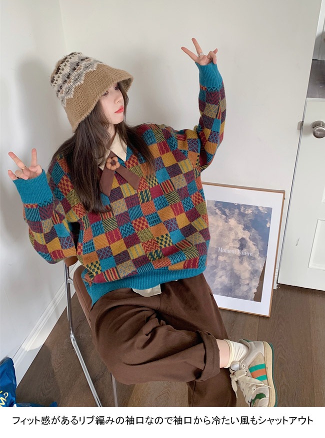 ニットセーター レディース アウター 配色 チェック柄 クルーネック 長袖 リブ編み 切り替え ニットセーター レディース アウター 配色 チェック柄 クルーネック 長袖 リブ編み 切り替え