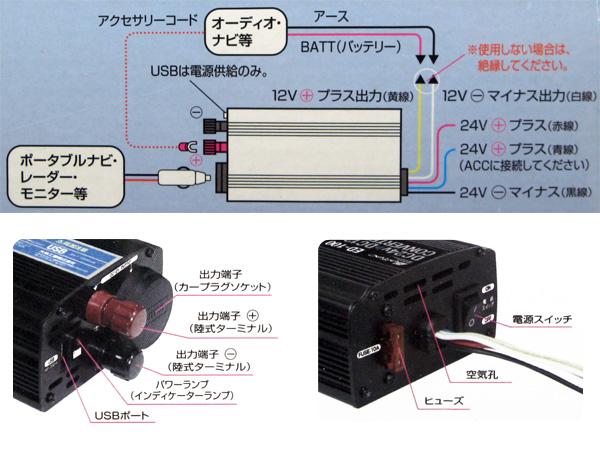 大自工業/Meltec：DC/DCコンバーター デコデコ DC24VDC12V USBポート/1A アクセサリーソケット/定格10A ED-100