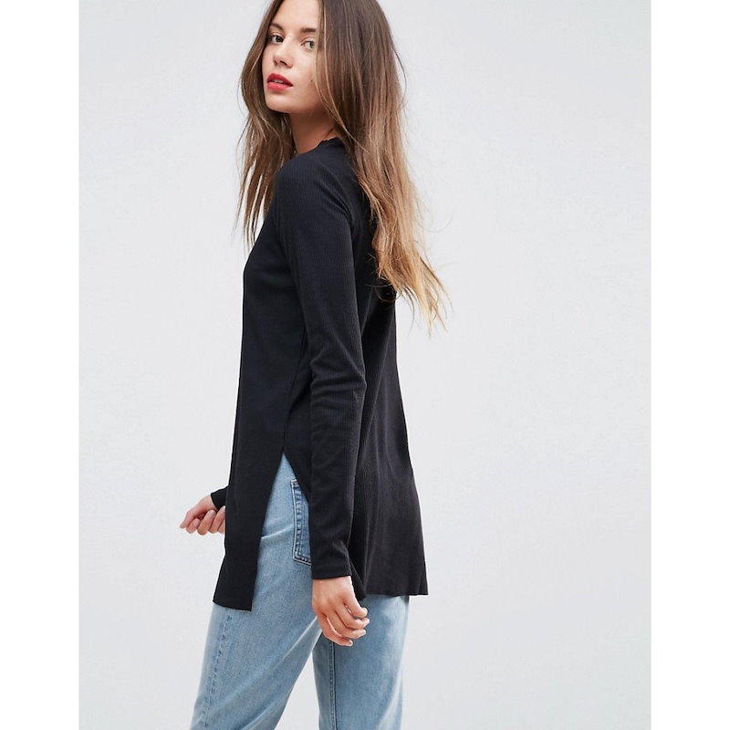 エイソス レディース トップス【ASOS TALL Top In Textured Rib With Long Sleeves and Side Splits】Black エイソス レディース トップス【ASOS TALL Top In Textured Rib With Long Sleeves and Side Splits】Black