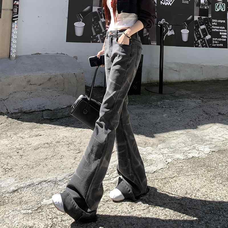 デニムパンツ レディース ボトムス タイダイ ジーンズ 絞り染め フレア ロング スモーキー 秋冬 ブラック