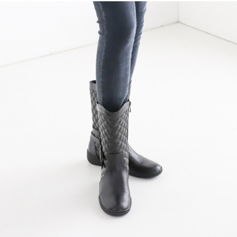 (Ninaspari) 牛革ツーバックル型押しミドルブーツ (Ninaspari) 牛革ツーバックル型押しミドルブーツ