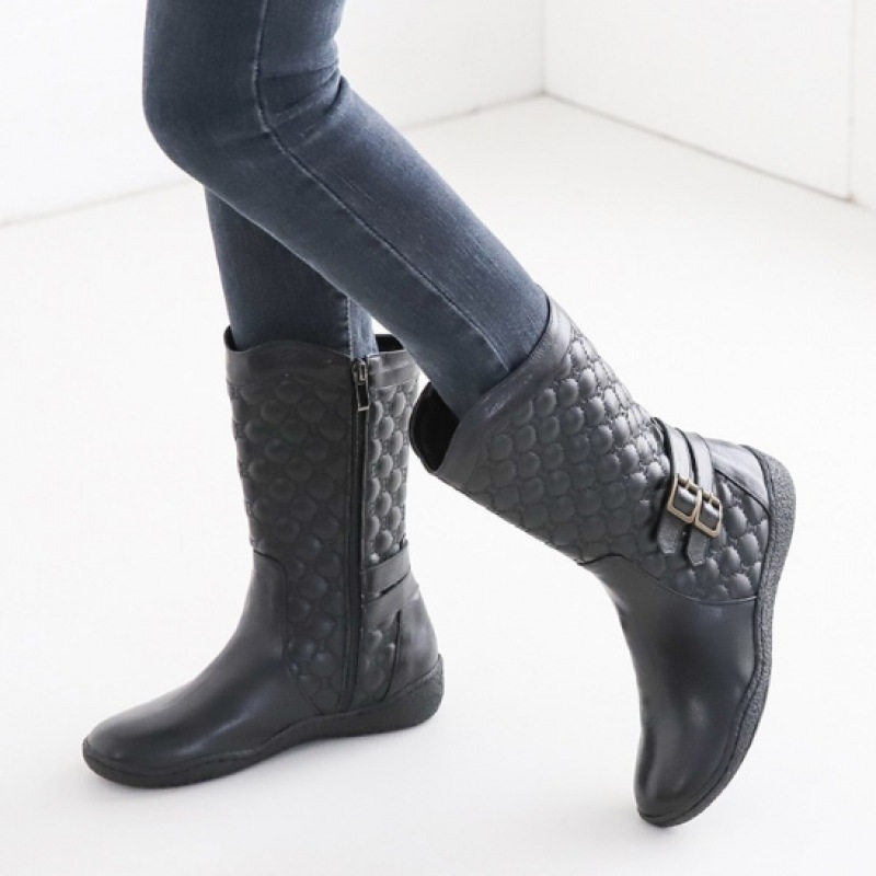 (Ninaspari) 牛革ツーバックル型押しミドルブーツ (Ninaspari) 牛革ツーバックル型押しミドルブーツ