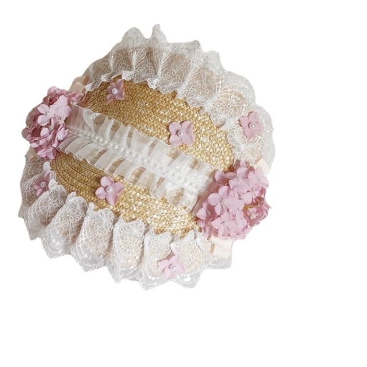 ボンネット平麦わら帽子日焼け止め麦わら帽子ロリータ森牧歌クラ平帽子帽子 母の日