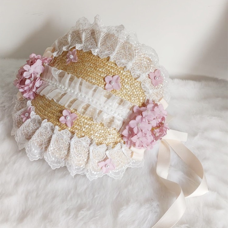 ボンネット平麦わら帽子日焼け止め麦わら帽子ロリータ森牧歌クラ平帽子帽子 母の日