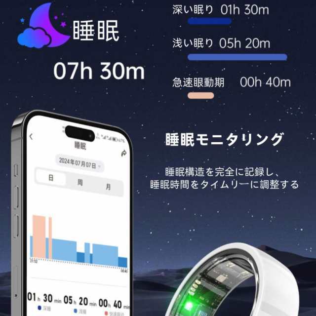 スマートリング 健康管理 日本製センサー心拍数 血中酸素 睡眠 実用的 5ATMM防水 Android/iPhone対応 全9サイズ プレゼント 敬老の日 23
