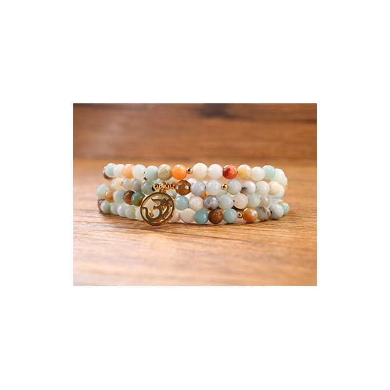 六字大明呪オーン 108珠 カットアマゾナイト 合格祈願 開運お守りパワーストーンブレスレット 数珠