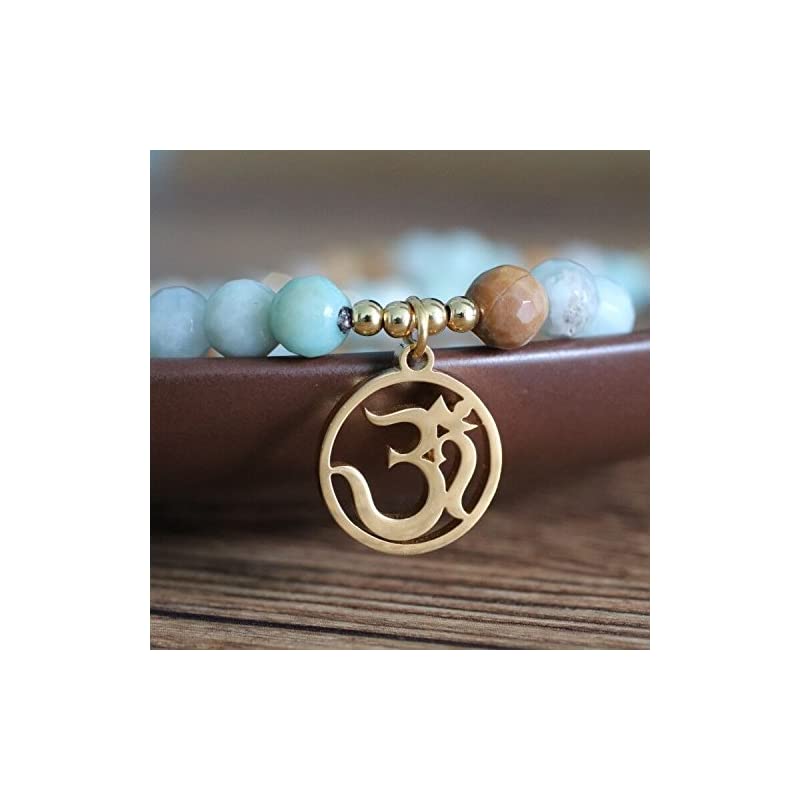 六字大明呪オーン 108珠 カットアマゾナイト 合格祈願 開運お守りパワーストーンブレスレット 数珠