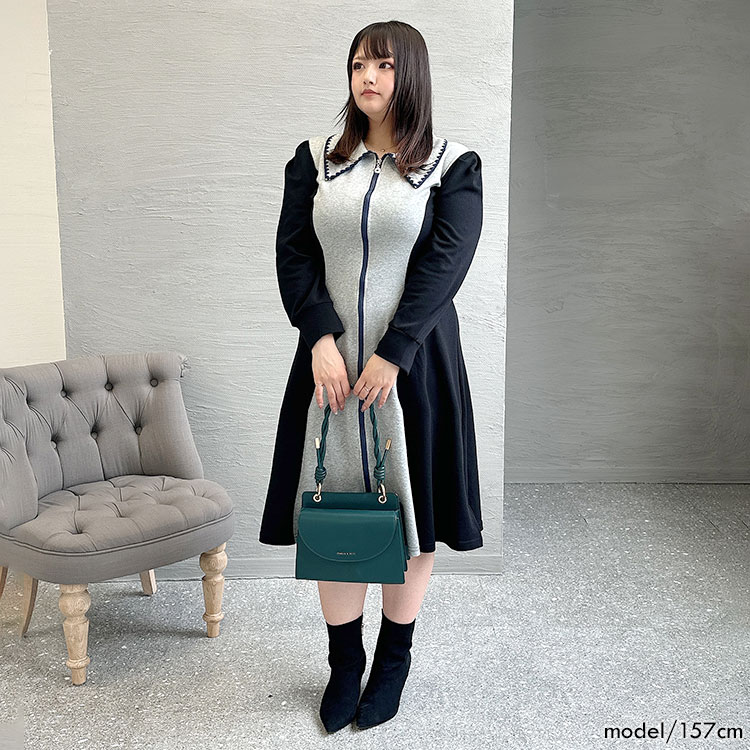 大きいサイズ レディース ワンピース 配色切替フロントファスナーワンピース ワンピ ロング 長袖 ファスナー 羽織り 切替え バイカラー ビッグカラー 無地 韓国 秋新作 春服 冬服 LL 2L 3L