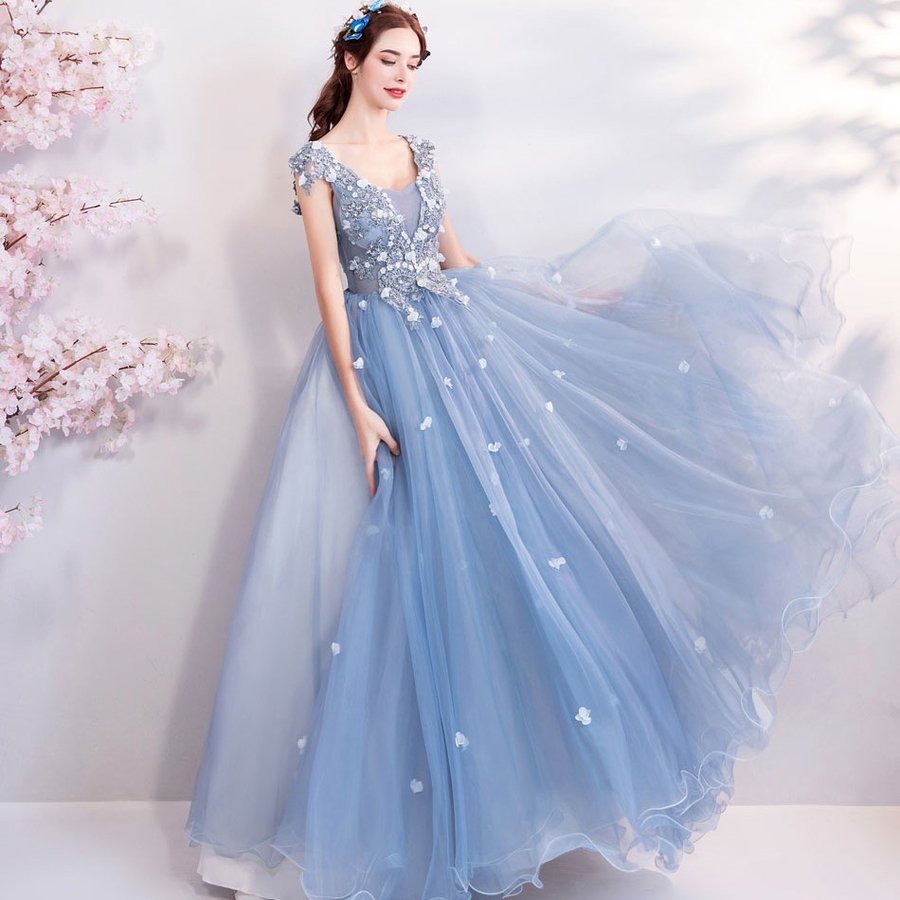 ロングドレス 演奏会 カラードレス 青 パーティードレス 安い コンサート ウェディングカラードレス