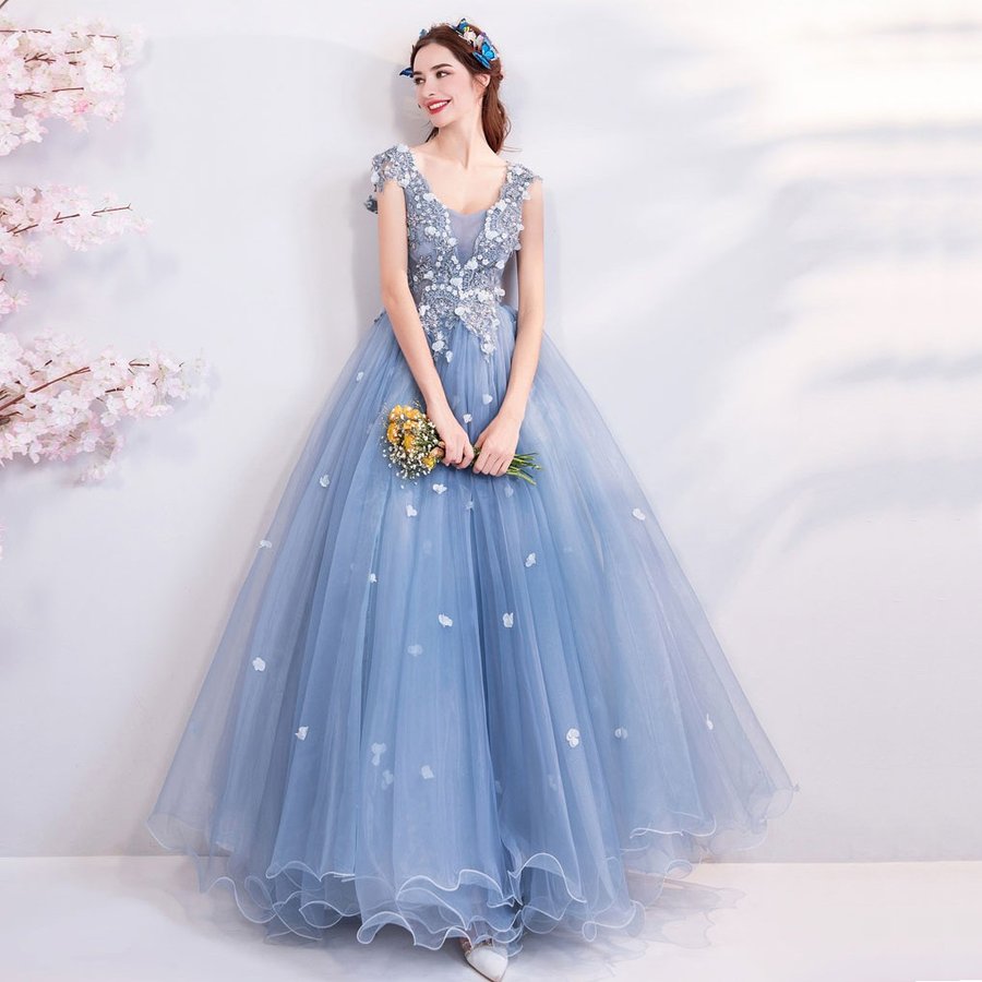 ロングドレス 演奏会 カラードレス 青 パーティードレス 安い コンサート ウェディングカラードレス