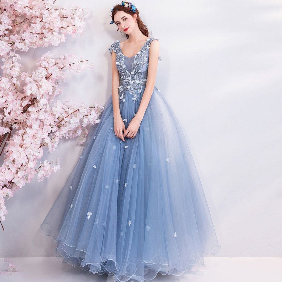 ロングドレス 演奏会 カラードレス 青 パーティードレス 安い コンサート ウェディングカラードレス