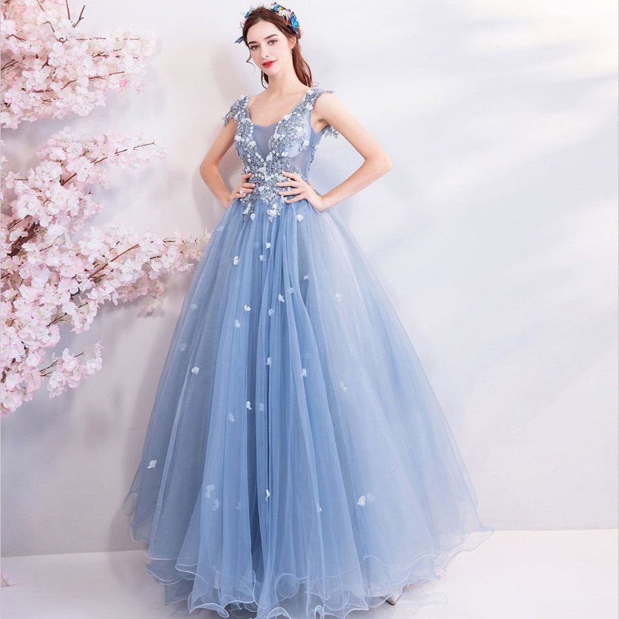 ロングドレス 演奏会 カラードレス 青 パーティードレス 安い コンサート ウェディングカラードレス