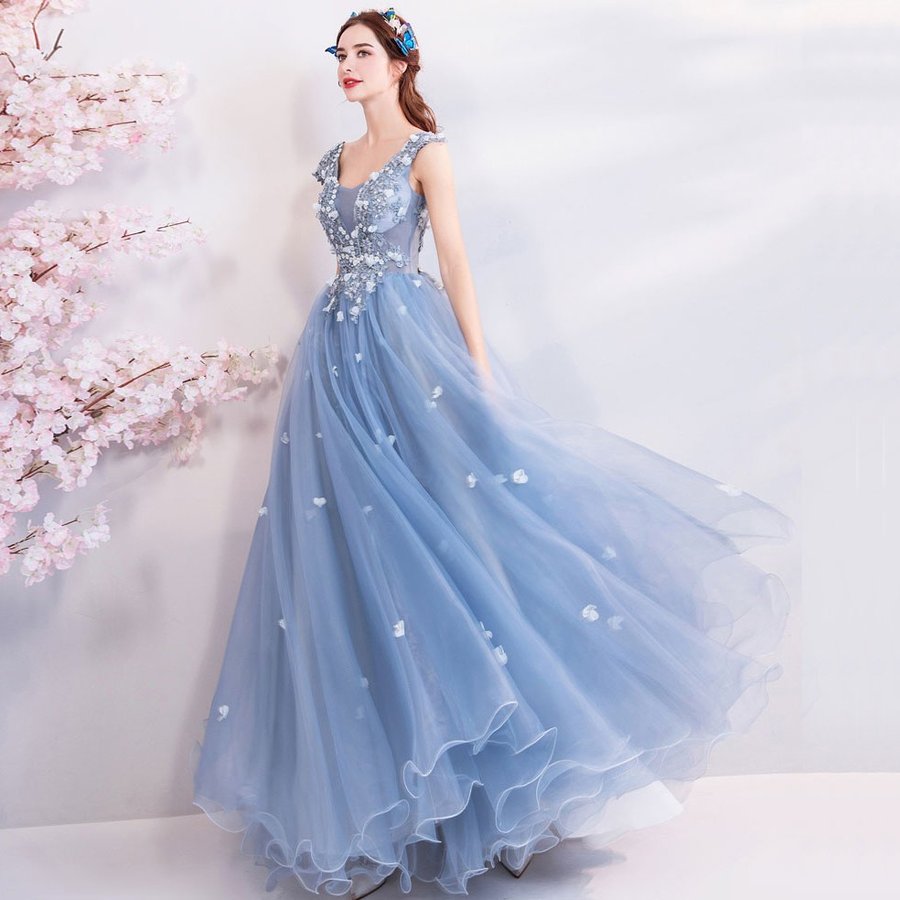 ロングドレス 演奏会 カラードレス 青 パーティードレス 安い コンサート ウェディングカラードレス