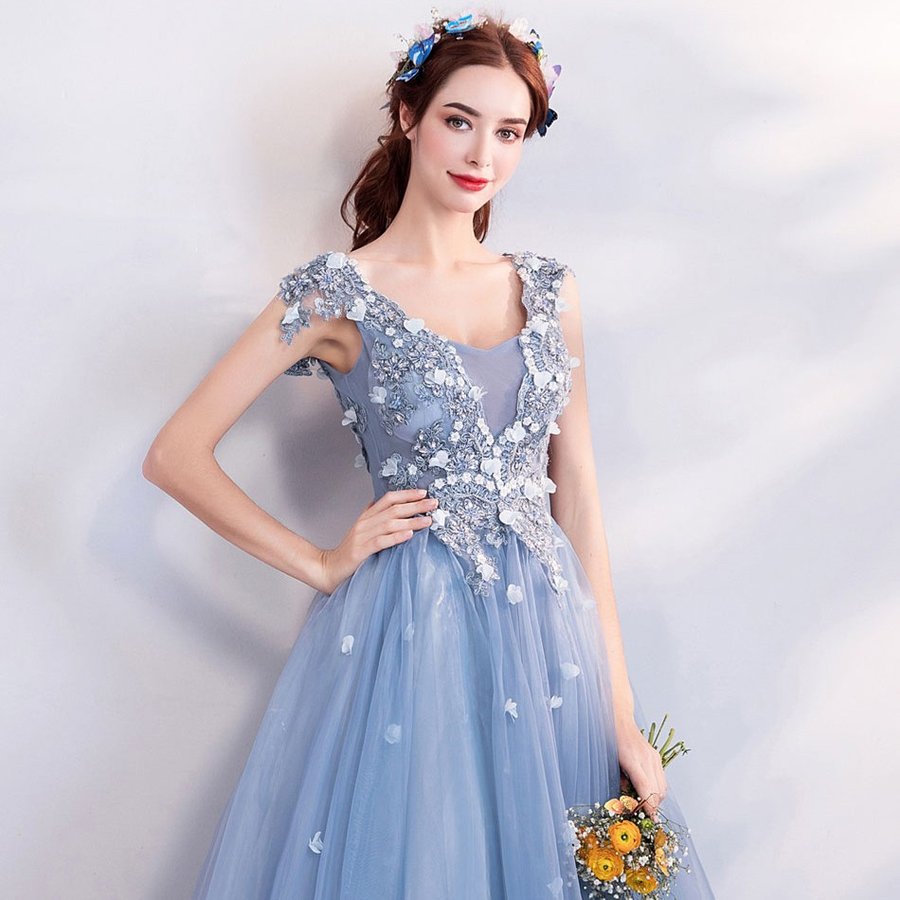 ロングドレス 演奏会 カラードレス 青 パーティードレス 安い コンサート ウェディングカラードレス