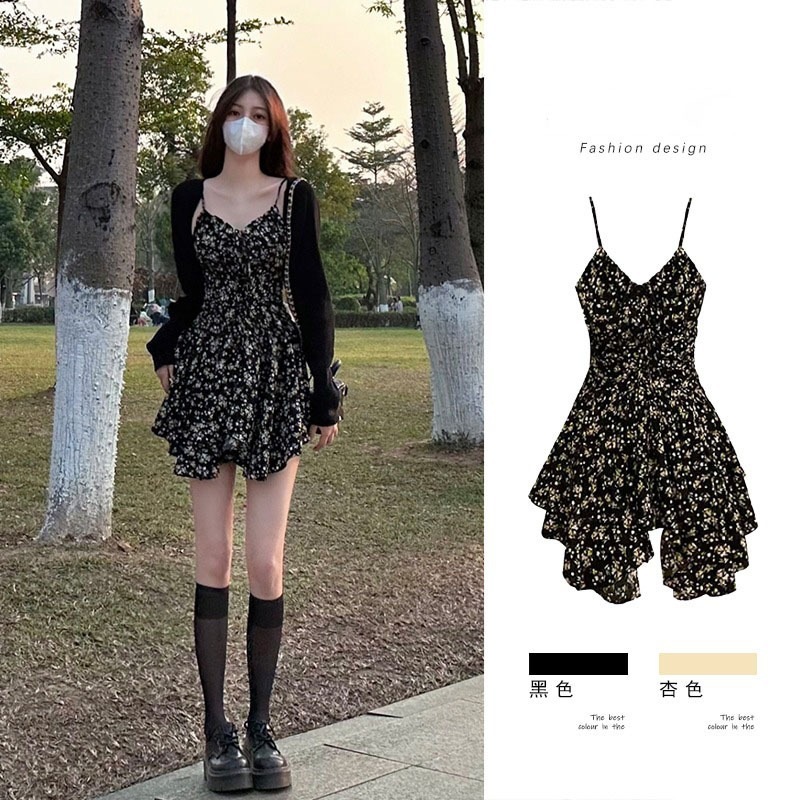 フレンチシックサスペンダー花柄ワンピーススーツホットガールショートスカートレディース夏プチ春コーデ一式セット