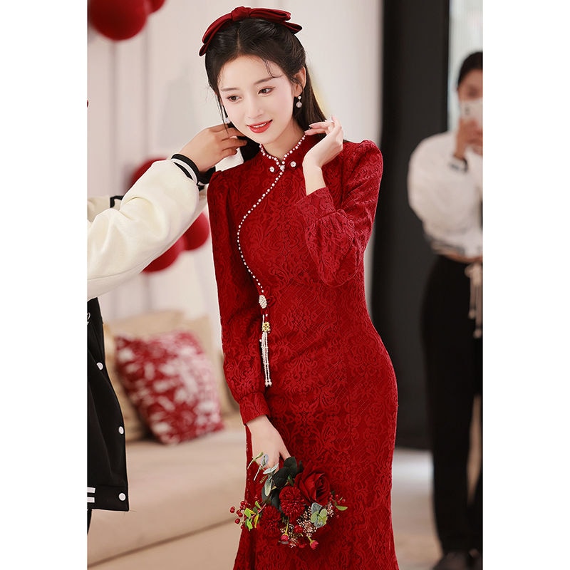 ウェア花嫁小2025結婚式ロングレッドチャイナドレス長袖シニア婚約ドレスレディース ウェア花嫁小2025結婚式ロングレッドチャイナドレス長袖シニア婚約ドレスレディース