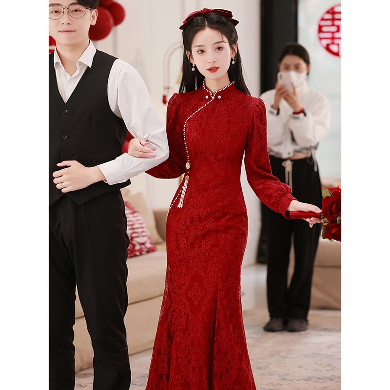 ウェア花嫁小2025結婚式ロングレッドチャイナドレス長袖シニア婚約ドレスレディース ウェア花嫁小2025結婚式ロングレッドチャイナドレス長袖シニア婚約ドレスレディース