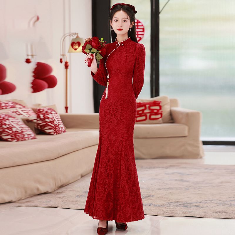 ウェア花嫁小2025結婚式ロングレッドチャイナドレス長袖シニア婚約ドレスレディース ウェア花嫁小2025結婚式ロングレッドチャイナドレス長袖シニア婚約ドレスレディース