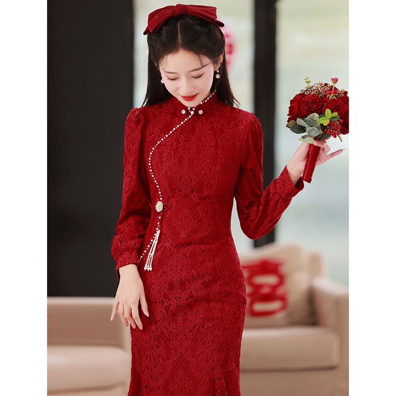 ウェア花嫁小2025結婚式ロングレッドチャイナドレス長袖シニア婚約ドレスレディース ウェア花嫁小2025結婚式ロングレッドチャイナドレス長袖シニア婚約ドレスレディース